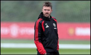 MANCHESTER, ENGLAND - SEPTEMBER 09: Michael Carrick, Manager of Manchester United, looks on during the training session on the day before the UEFA Champions League 2026/27 League Phase MD1 match between Manchester United and Sabah at Carrington Training Ground on September 09, 2026 in Manchester, England.