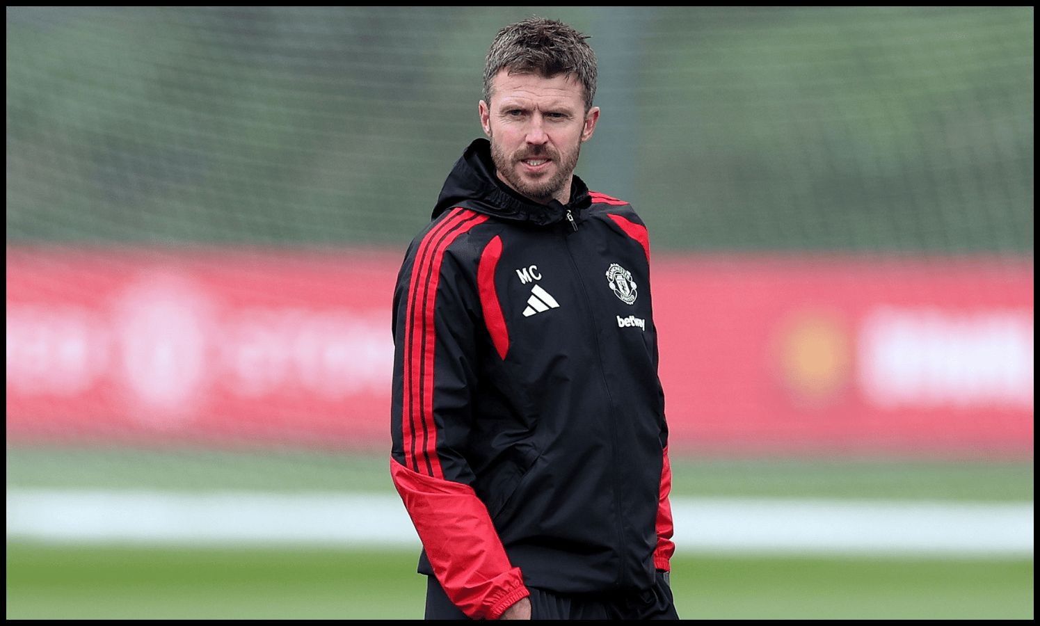 MANCHESTER, ENGLAND - SEPTEMBER 09: Michael Carrick, Manager of Manchester United, looks on during the training session on the day before the UEFA Champions League 2026/27 League Phase MD1 match between Manchester United and Sabah at Carrington Training Ground on September 09, 2026 in Manchester, England.