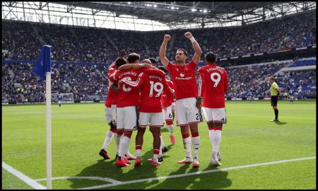 LIVERPOOL, ENGLAND - SEPTEMBER 06: Diogo Dalot of Manchester United celebrates after teammate Bryan Mbeumo scores his team’s first goal during the Premier League 2026/27 match between Everton and Manchester United at Hill Dickinson Stadium on September 06, 2026 in Liverpool, England.