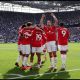 LIVERPOOL, ENGLAND - SEPTEMBER 06: Diogo Dalot of Manchester United celebrates after teammate Bryan Mbeumo scores his team’s first goal during the Premier League 2026/27 match between Everton and Manchester United at Hill Dickinson Stadium on September 06, 2026 in Liverpool, England.