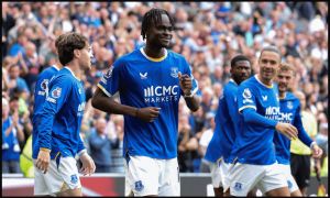 LIVERPOOL, ENGLAND - SEPTEMBER 06: Tyrique George of Everton celebrates scoring his team’s first goal during the Premier League 2026/27 match between Everton and Manchester United at Hill Dickinson Stadium on September 06, 2026 in Liverpool, England.