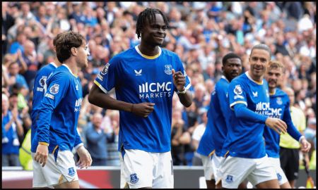 LIVERPOOL, ENGLAND - SEPTEMBER 06: Tyrique George of Everton celebrates scoring his team’s first goal during the Premier League 2026/27 match between Everton and Manchester United at Hill Dickinson Stadium on September 06, 2026 in Liverpool, England.
