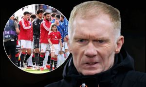MANCHESTER, ENGLAND - MARCH 13: Paul Scholes, former Manchester United player and TV Pundit for TNT Sports looks on prior to the UEFA Europa League 2024/25 Round of 16 Second Leg match between Manchester United and Real Sociedad de Futbol at Old Trafford on March 13, 2025 in Manchester, England.