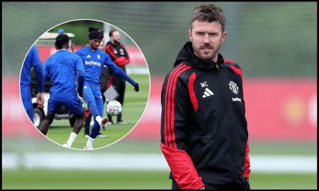 MANCHESTER, ENGLAND - SEPTEMBER 09: Michael Carrick, Manager of Manchester United, looks on during the training session on the day before the UEFA Champions League 2026/27 League Phase MD1 match between Manchester United and Sabah at Carrington Training Ground on September 09, 2026 in Manchester, England.