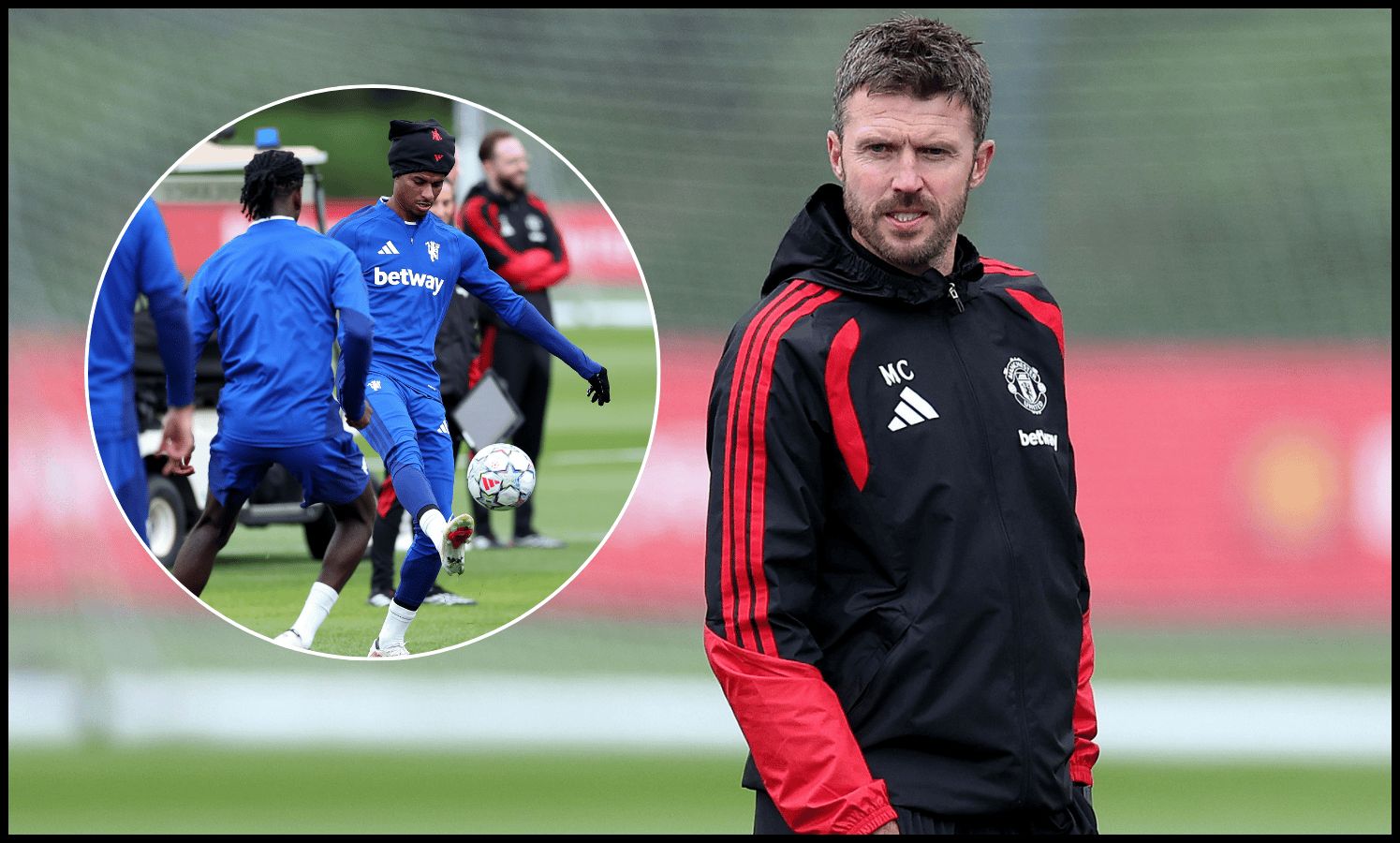 MANCHESTER, ENGLAND - SEPTEMBER 09: Michael Carrick, Manager of Manchester United, looks on during the training session on the day before the UEFA Champions League 2026/27 League Phase MD1 match between Manchester United and Sabah at Carrington Training Ground on September 09, 2026 in Manchester, England.