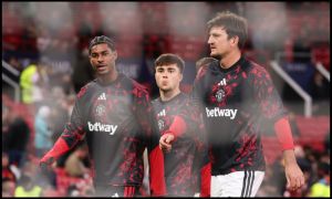 Harry Amass with Marcus Rashford and Harry Maguire
