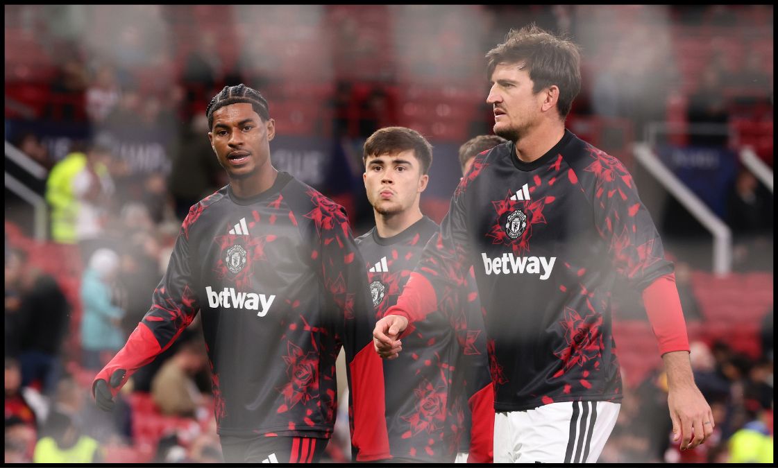 Harry Amass with Marcus Rashford and Harry Maguire