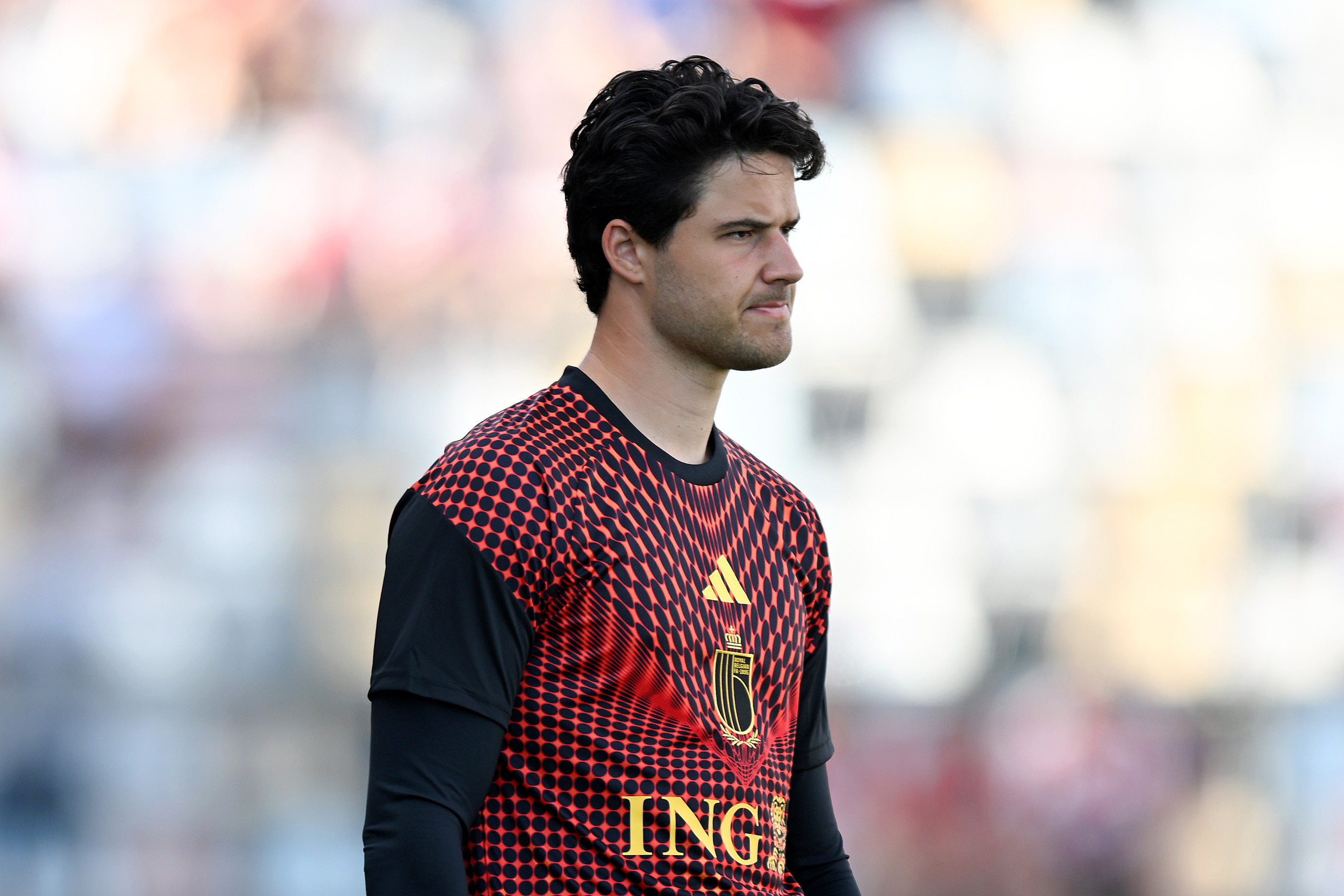 RIJEKA, CROATIA - JUNE 02: Senne Lammens of Belgium looks on during the warm up prior to the international friendly match between Croatia and Belgium at Stadion HNK Rijeka on June 02, 2026 in Rijeka, Croatia. (Photo by Jurij Kodrun/Getty Images)