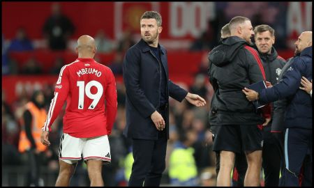 MANCHESTER, ENGLAND - OCTOBER 10: Michael Carrick, Manager of Manchester United looks on during the Premier League 2026/27 match between Manchester United and Tottenham Hotspur at Old Trafford on October 10, 2026 in Manchester, England