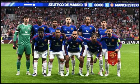 MADRID, SPAIN - OCTOBER 13: Players of Manchester United pose for a team photograph before the UEFA Champions League 2026/27 League Phase MD2 match between Atletico de Madrid and Manchester United at Estadio Metropolitano on October 13, 2026 in Madrid, Spain