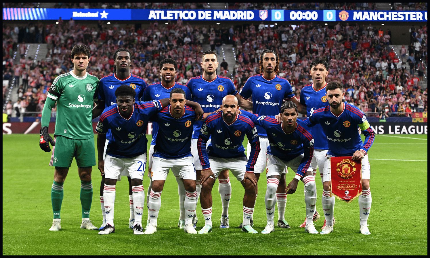 MADRID, SPAIN - OCTOBER 13: Players of Manchester United pose for a team photograph before the UEFA Champions League 2026/27 League Phase MD2 match between Atletico de Madrid and Manchester United at Estadio Metropolitano on October 13, 2026 in Madrid, Spain