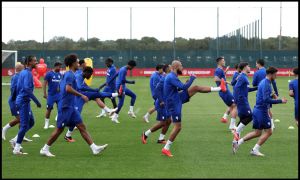 MANCHESTER, ENGLAND - SEPTEMBER 09: Manchester United players take part in the training session on the day before the UEFA Champions League 2026/27 League Phase MD1 match between Manchester United and Sabah at Carrington Training Ground on September 09, 2026 in Manchester, England.