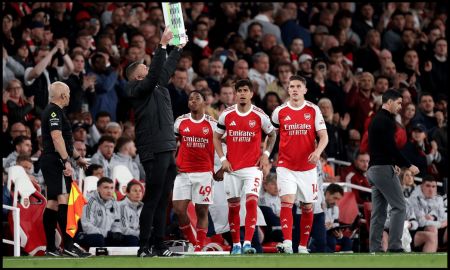 LONDON, ENGLAND - MAY 18: Myles Lewis-Skelly, Piero Hincapie and Viktor Gyoekeres of Arsenal prepare to come on as substitutes during the Premier League match between Arsenal and Burnley at Emirates Stadium on May 18, 2026 in London, England.