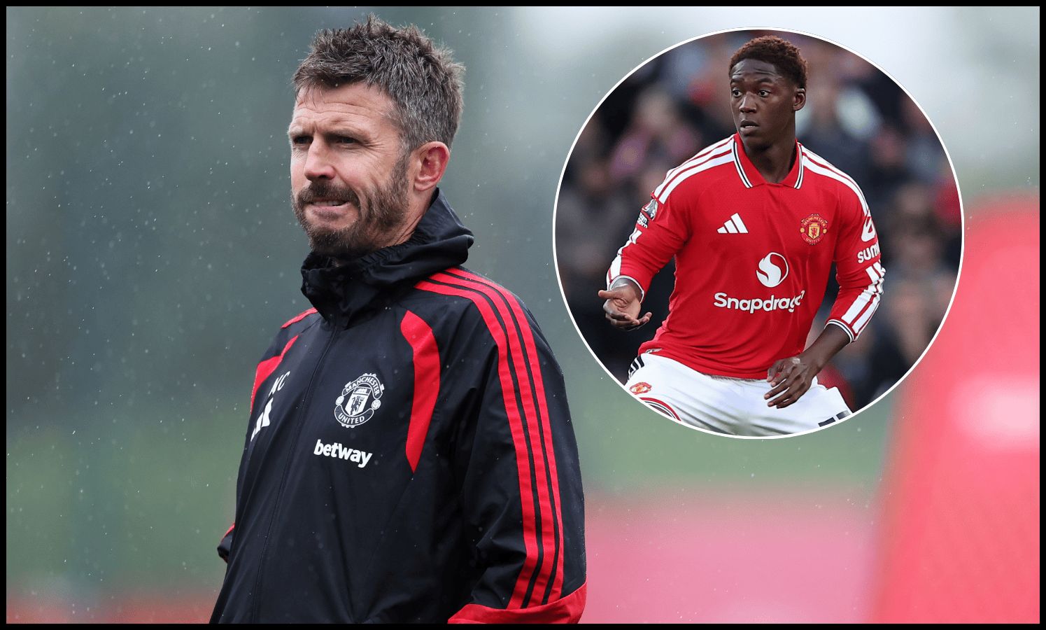 MANCHESTER, ENGLAND - OCTOBER 12: Michael Carrick, Manager of Manchester United, looks on during the training session ahead of the UEFA Champions League 2026/27 League Phase MD2 at Carrington Training Ground on October 12, 2026 in Manchester, England.
