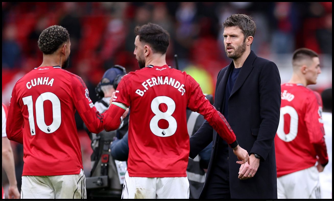 Michael Carrick with Bruno Fernandes and Matheus Cunha